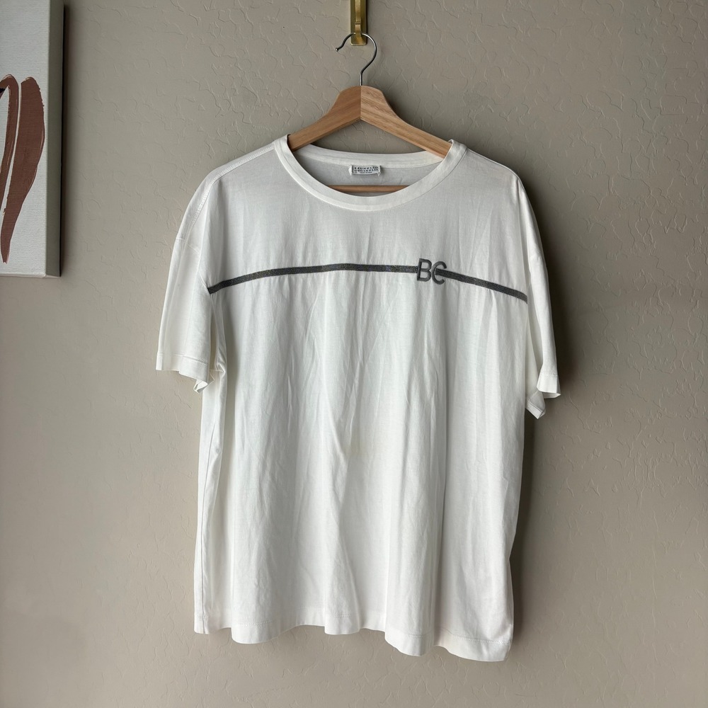 Brunello Cucinelli White Monili Chain Stripe BC Logo Cotton‎ T-Shirt Size XL